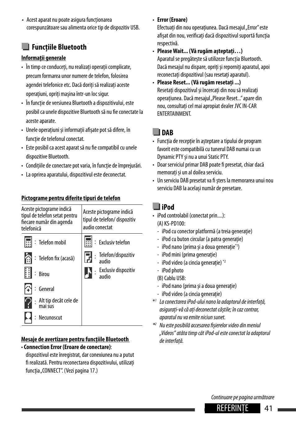 Referinţe, Bluetooth operations, Ipod | English 41 references, Funcţiile bluetooth, General, Icons for phone types, Warning messages for bluetooth operations | JVC KD-BT22 User Manual | Page 43 / 52