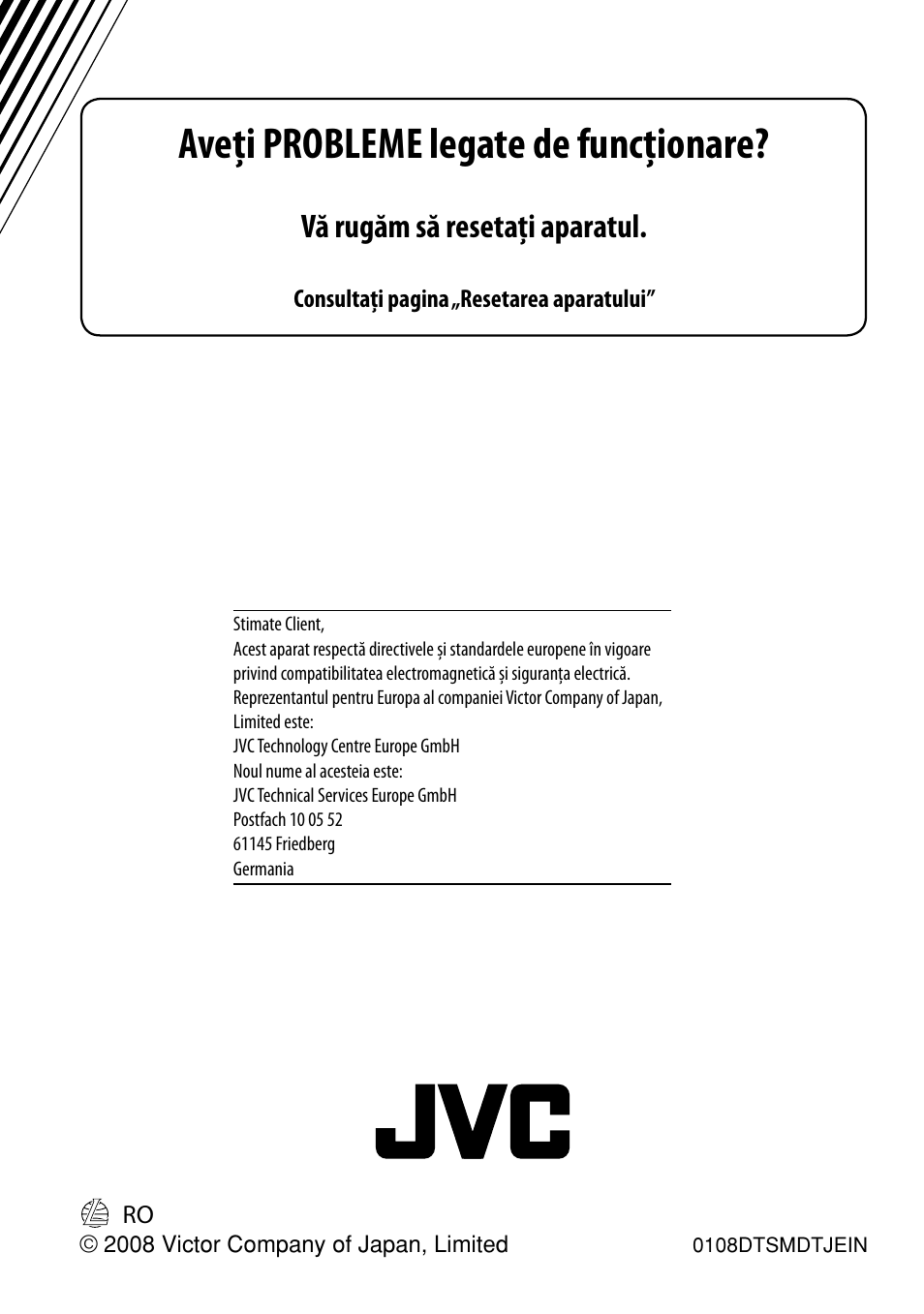Aveţi probleme legate de funcţionare, Having trouble with operation, Vous avez des problèmes de fonctionnement | Vă rugăm să resetaţi aparatul, Please reset your unit, Réinitialisez votre appareil | JVC KD-BT22 User Manual | Page 52 / 52