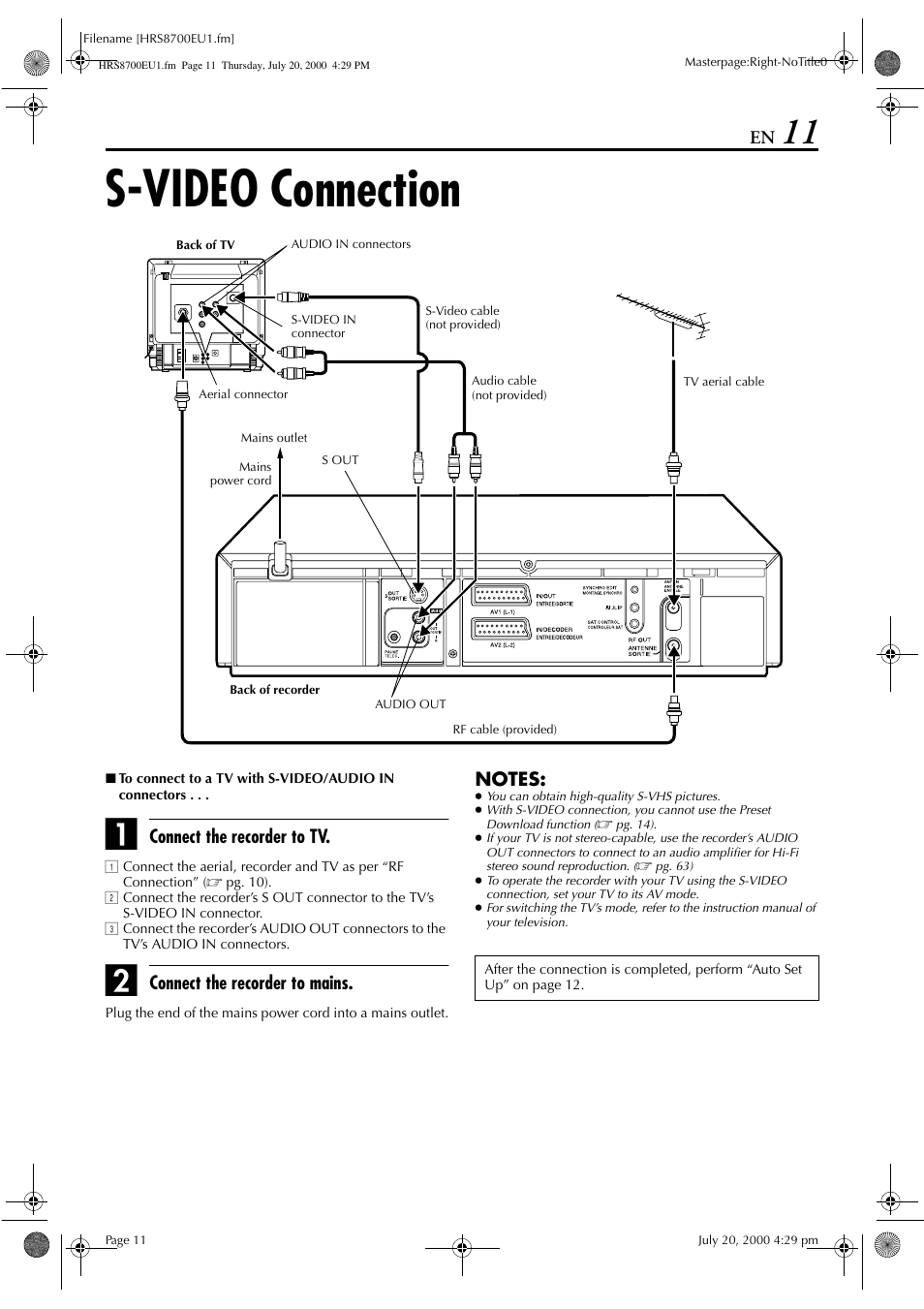 S-video connection, Connect the recorder to tv, Connect the recorder to mains | JVC HR-S8700EU User Manual | Page 11 / 84