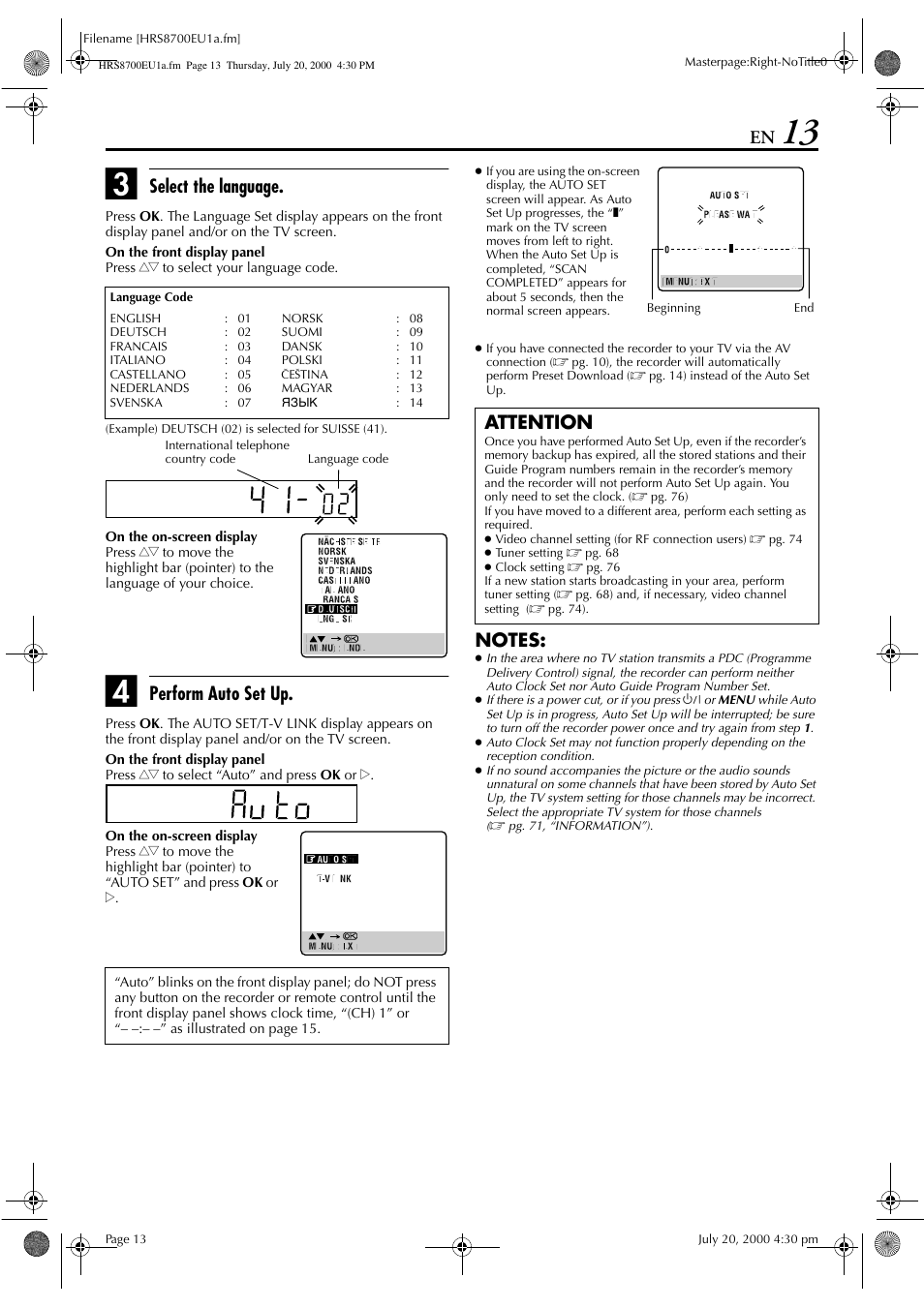 Select the language, Perform auto set up, Attention | JVC HR-S8700EU User Manual | Page 13 / 84
