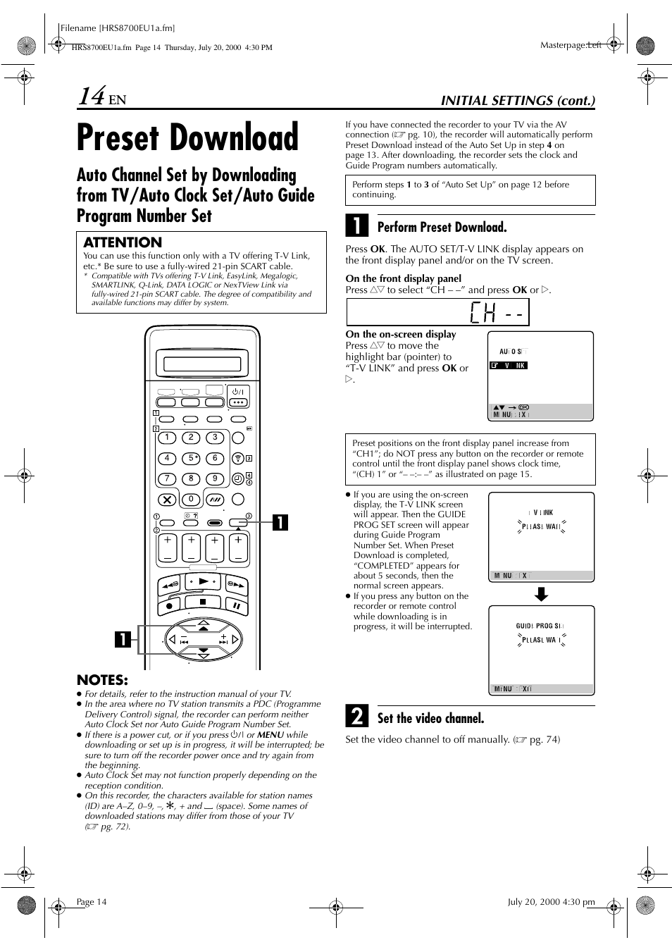 Preset download, Initial settings (cont.), Perform preset download | Set the video channel, Attention | JVC HR-S8700EU User Manual | Page 14 / 84