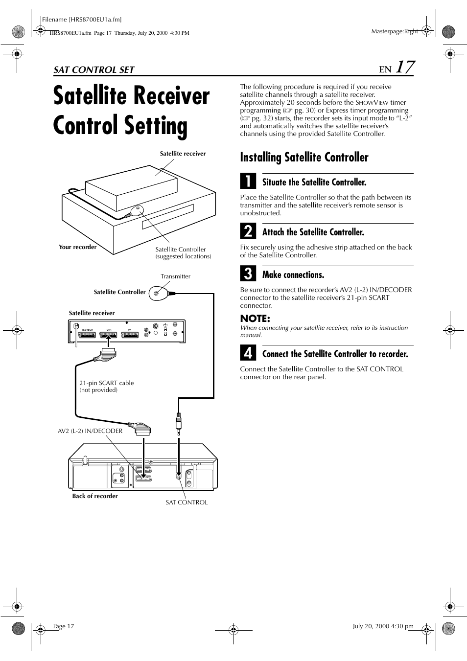 Satellite receiver control setting, Installing satellite controller | JVC HR-S8700EU User Manual | Page 17 / 84