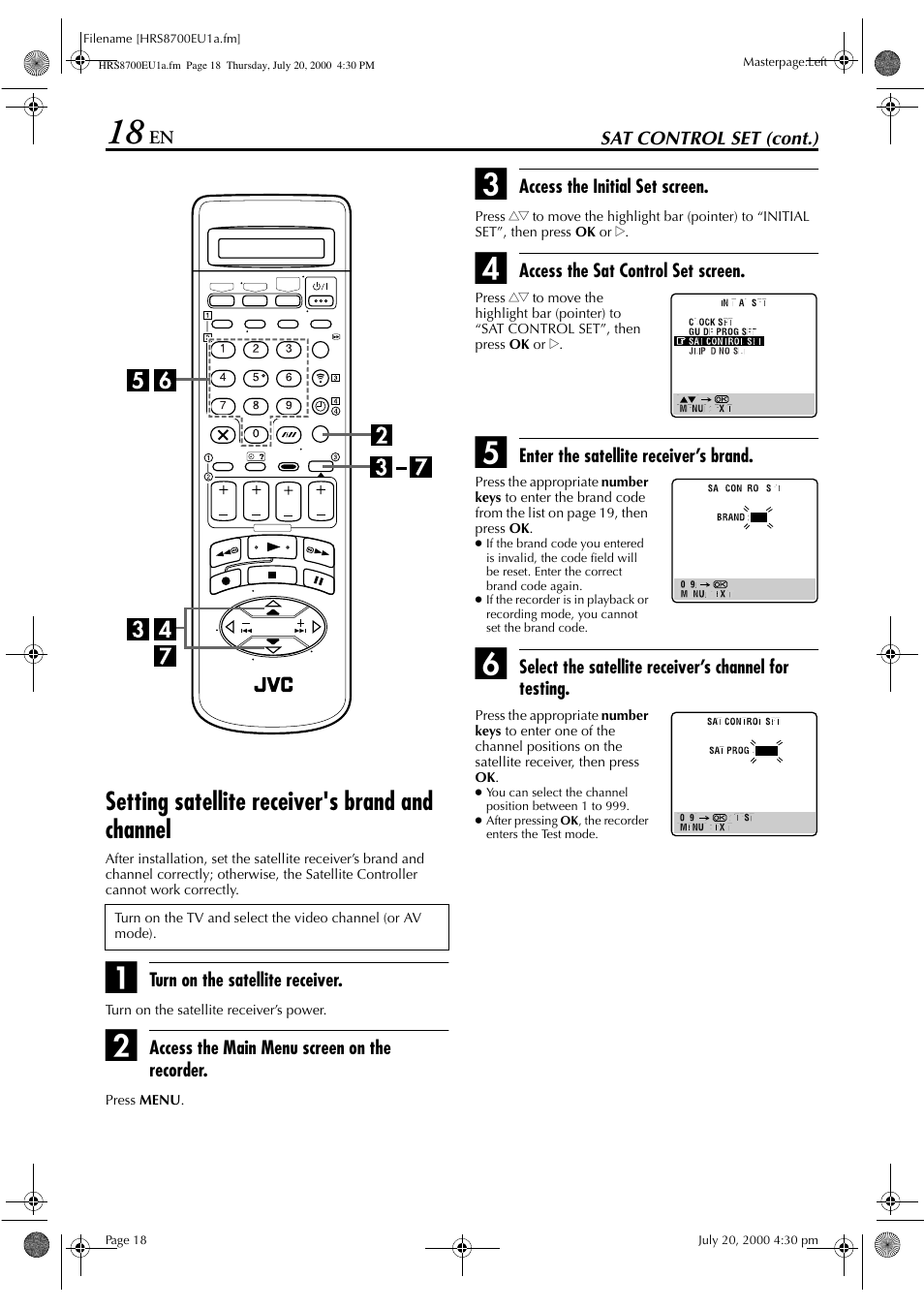 Setting satellite receiver's brand and channel | JVC HR-S8700EU User Manual | Page 18 / 84