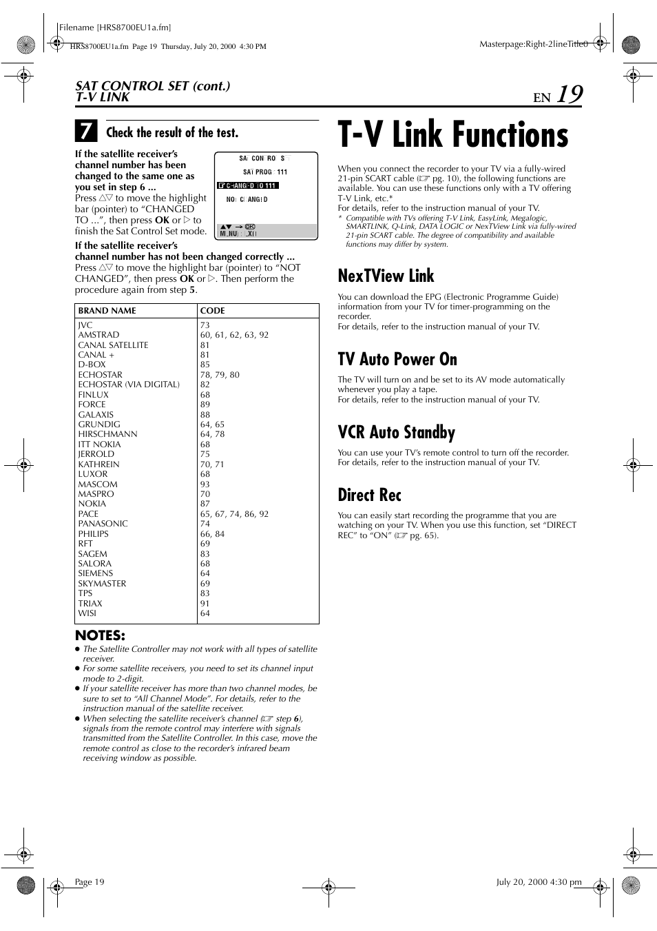 T-v link functions, Nextview link, Tv auto power on | Vcr auto standby, Direct rec | JVC HR-S8700EU User Manual | Page 19 / 84