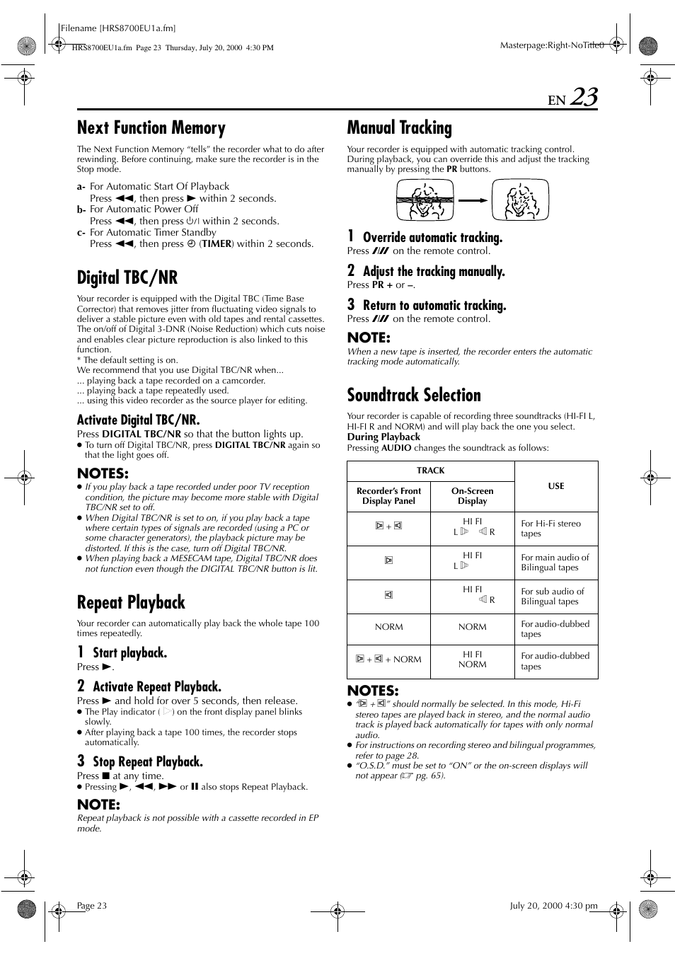 Digital tbc/nr, Repeat playback, Manual tracking | Soundtrack selection, Activate digital tbc/nr, Start playback, Activate repeat playback, Stop repeat playback, Override automatic tracking, Adjust the tracking manually | JVC HR-S8700EU User Manual | Page 23 / 84