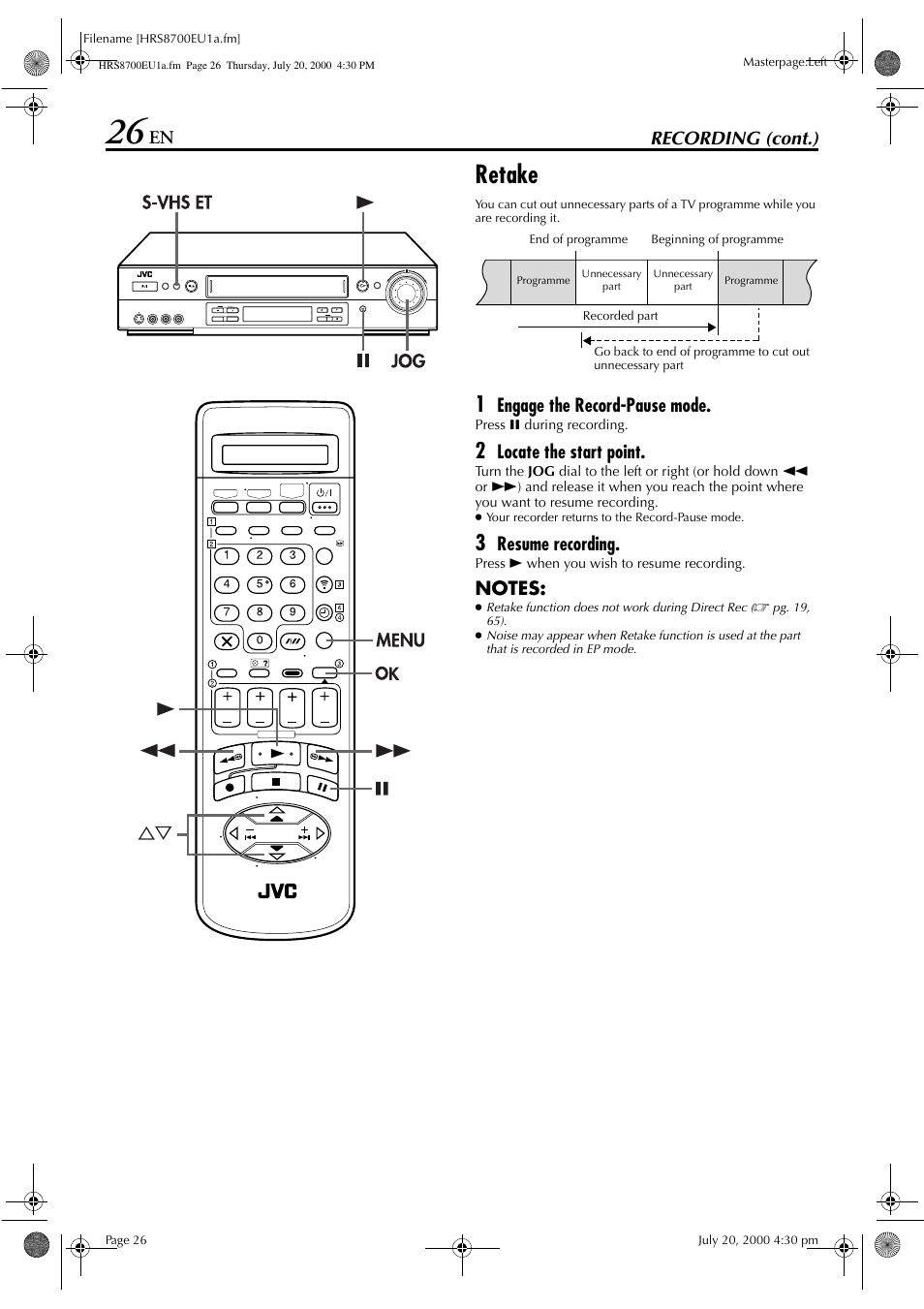 Retake, Recording (cont.), Engage the record-pause mode | Locate the start point, Resume recording | JVC HR-S8700EU User Manual | Page 26 / 84