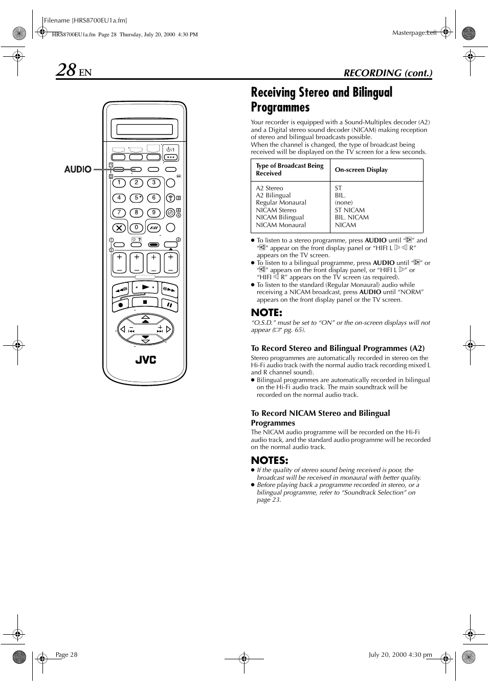 Receiving stereo and bilingual programmes, Recording (cont.) | JVC HR-S8700EU User Manual | Page 28 / 84