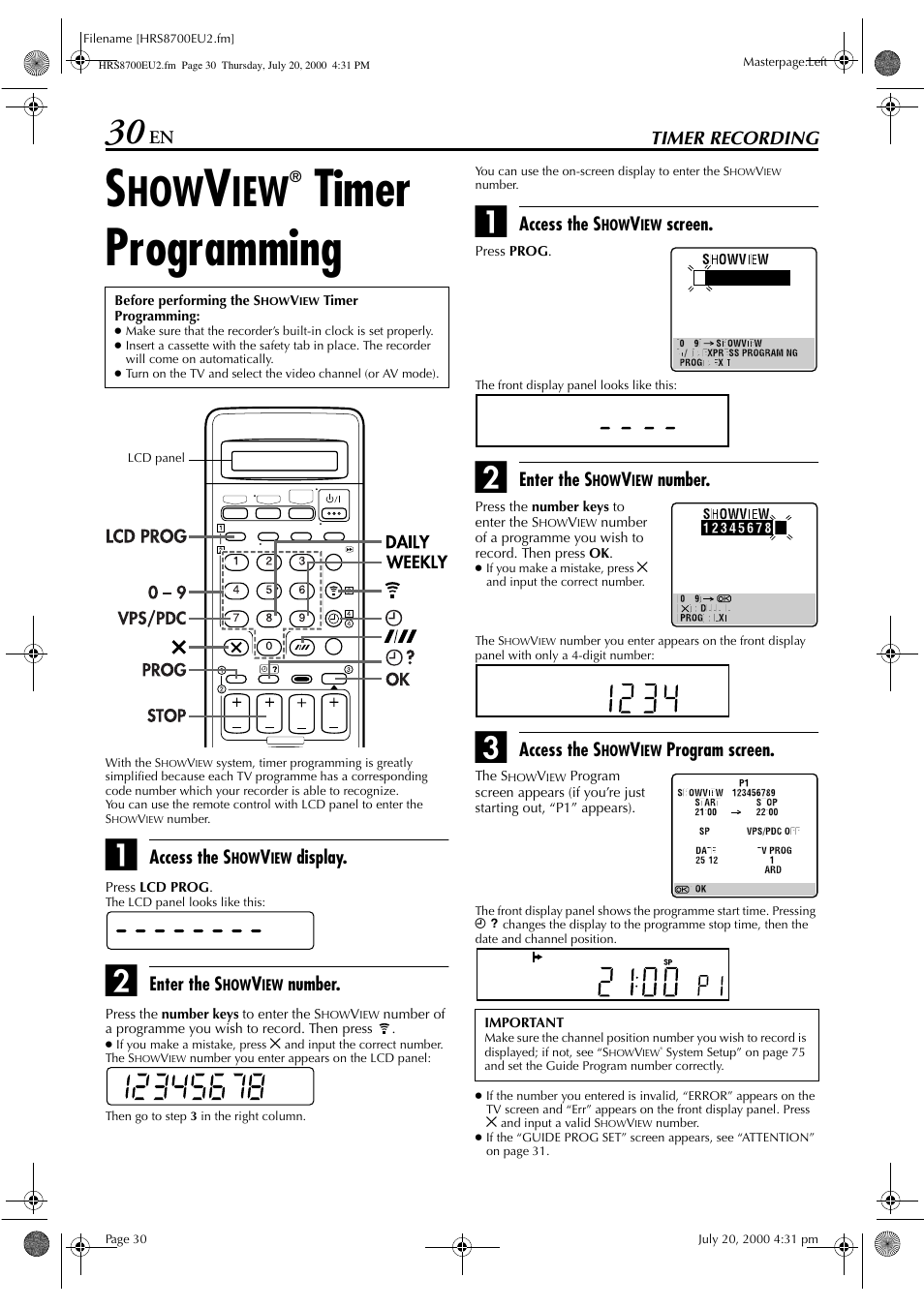 Timer programming | JVC HR-S8700EU User Manual | Page 30 / 84