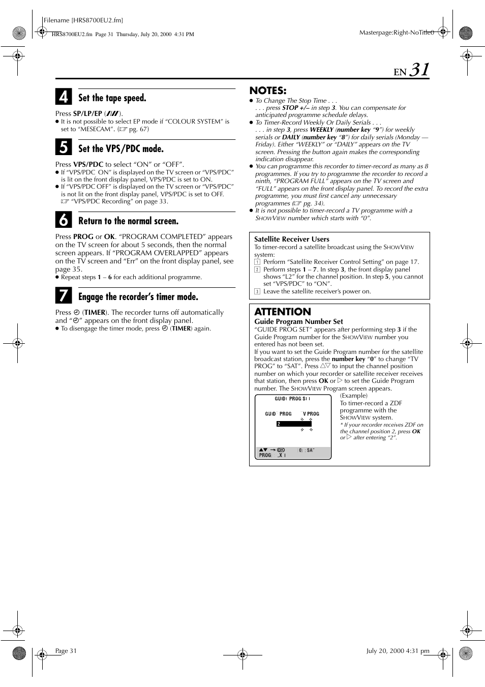 Set the tape speed, Set the vps/pdc mode, Return to the normal screen | Engage the recorder’s timer mode, Attention | JVC HR-S8700EU User Manual | Page 31 / 84
