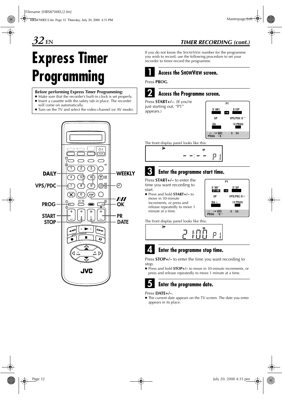 Express timer programming | JVC HR-S8700EU User Manual | Page 32 / 84