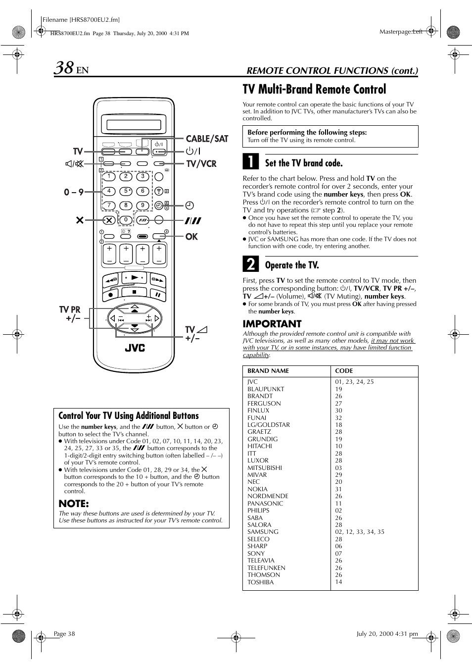 Tv multi-brand remote control, Remote control functions (cont.), Set the tv brand code | Operate the tv, Important, Control your tv using additional buttons | JVC HR-S8700EU User Manual | Page 38 / 84