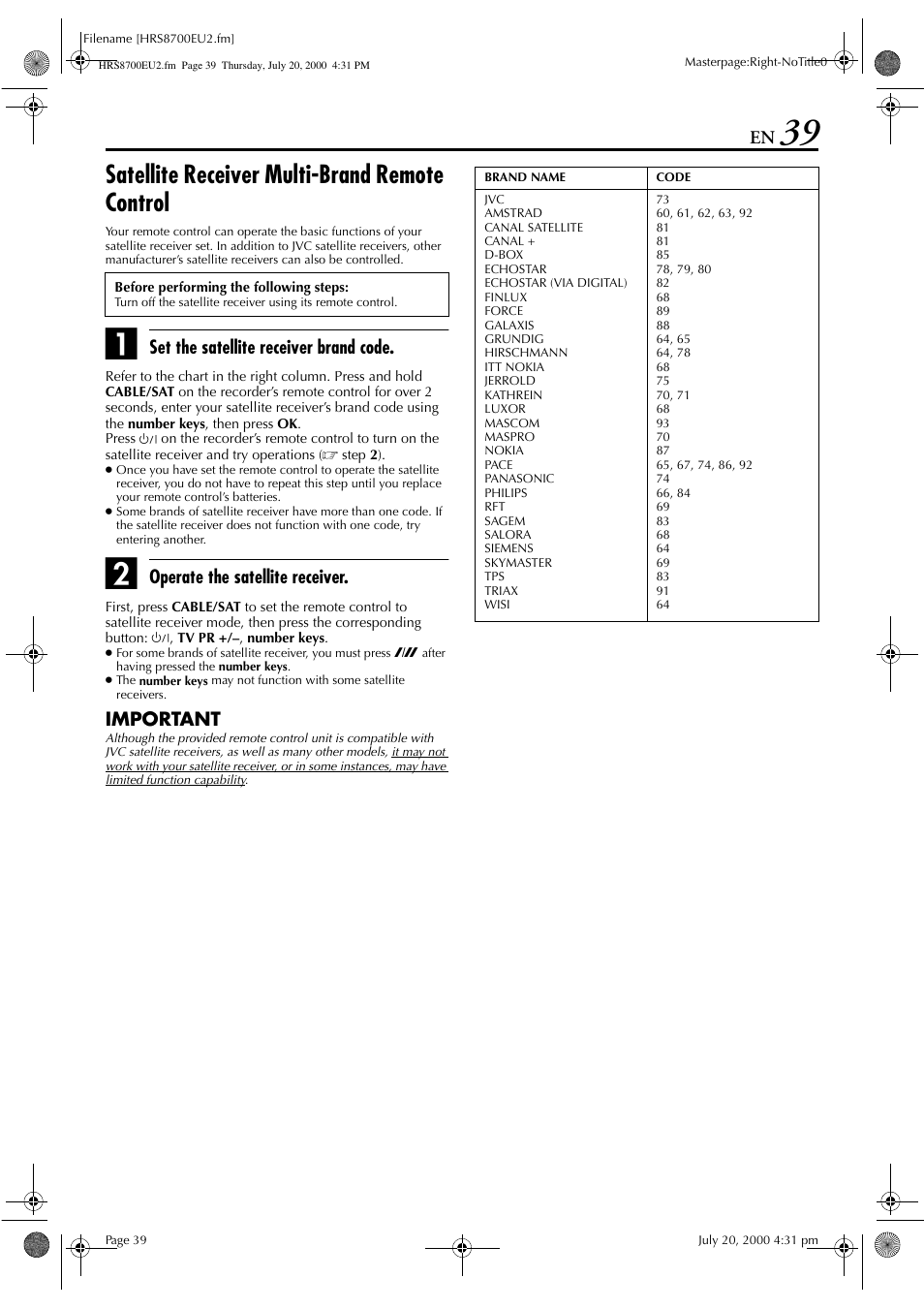 Satellite receiver multi-brand remote control | JVC HR-S8700EU User Manual | Page 39 / 84