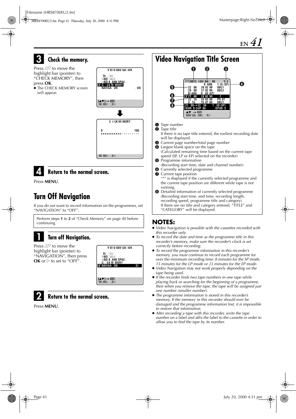 Turn off navigation, Video navigation title screen | JVC HR-S8700EU User Manual | Page 41 / 84