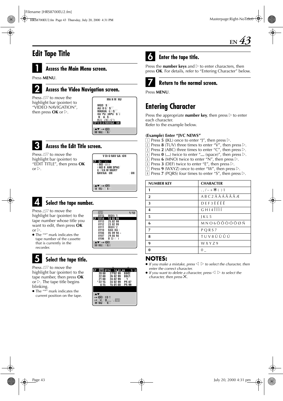 Edit tape title, Entering character, Access the main menu screen | Access the video navigation screen, Access the edit title screen, Select the tape number, Select the tape title, Enter the tape title, Return to the normal screen | JVC HR-S8700EU User Manual | Page 43 / 84
