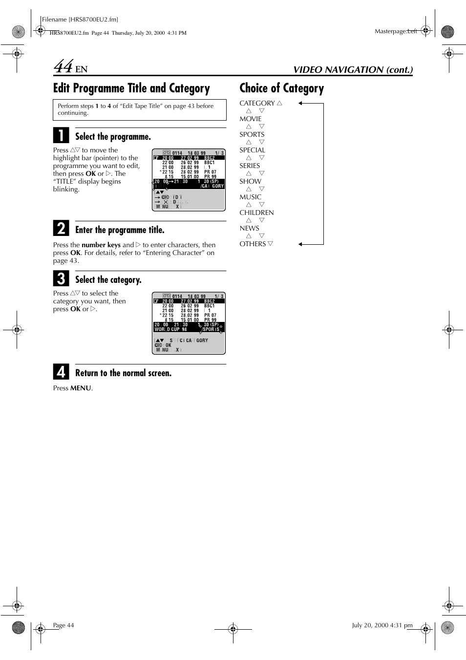 Edit programme title and category, Choice of category | JVC HR-S8700EU User Manual | Page 44 / 84