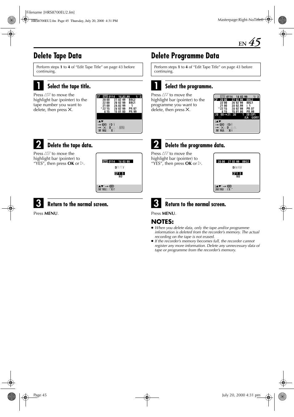 Delete tape data, Delete programme data | JVC HR-S8700EU User Manual | Page 45 / 84