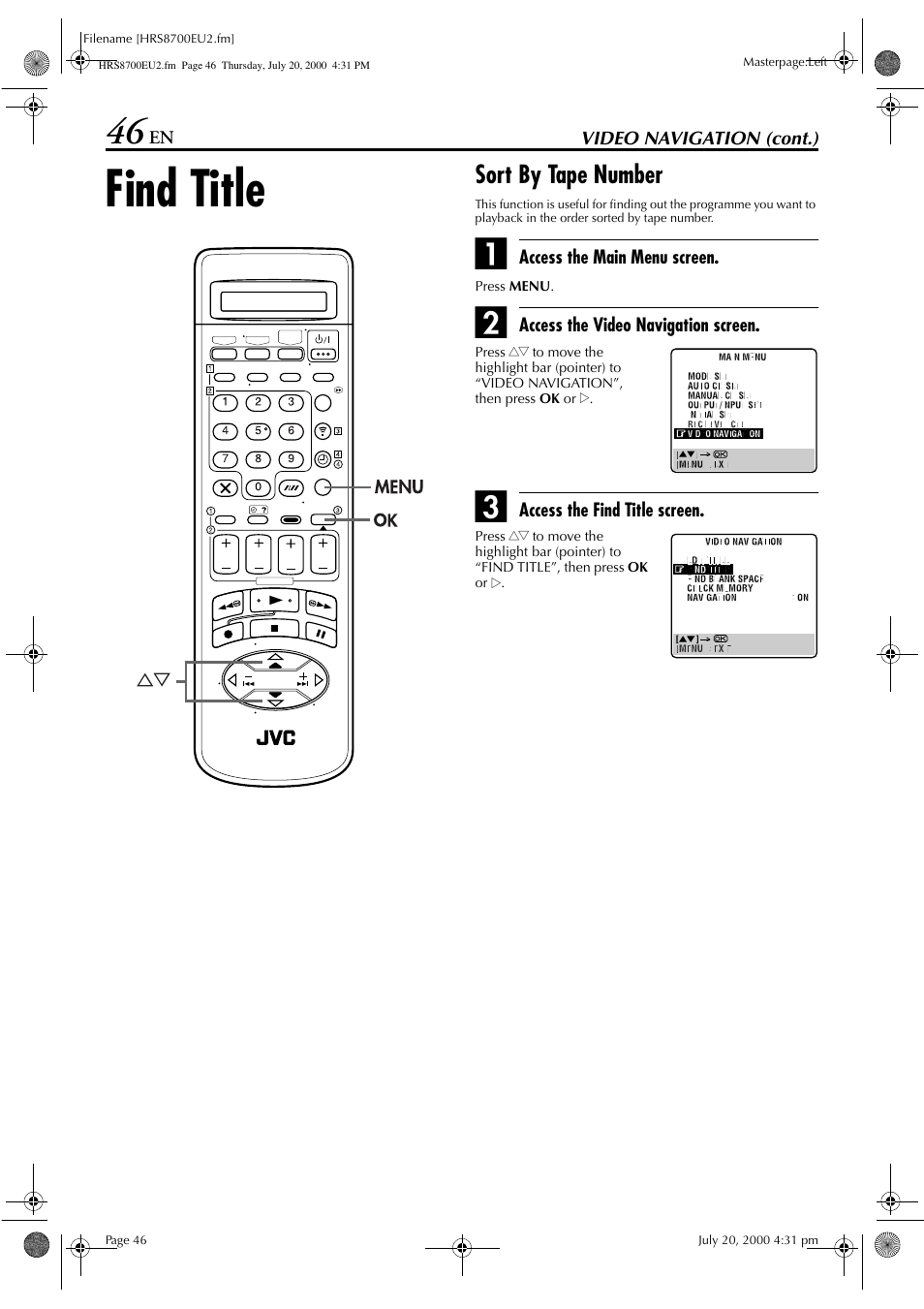Find title, Sort by tape number | JVC HR-S8700EU User Manual | Page 46 / 84