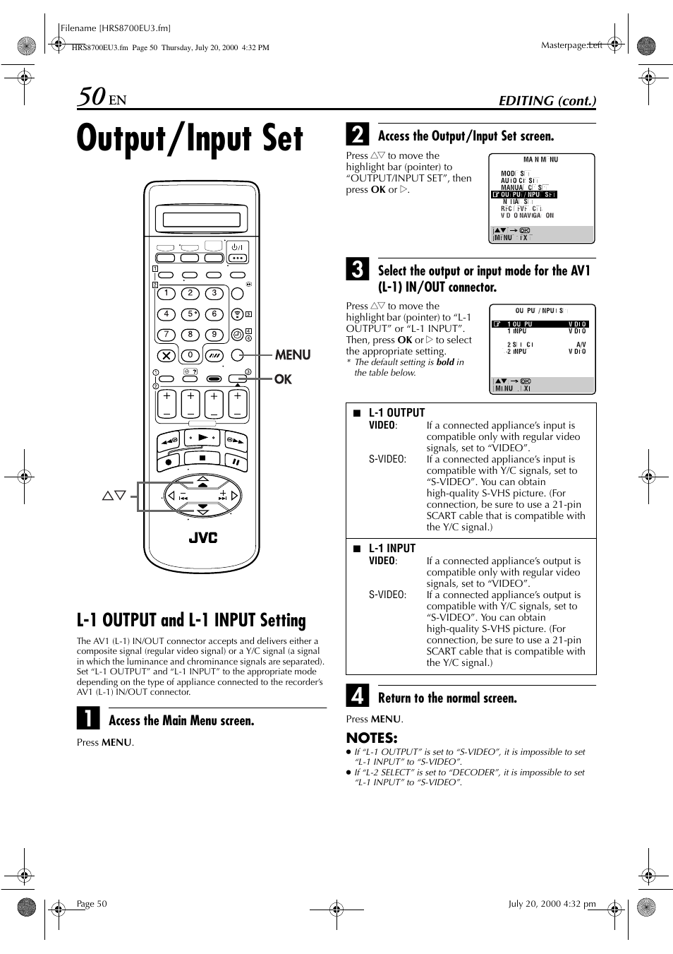 Output/input set, L-1 output and l-1 input setting | JVC HR-S8700EU User Manual | Page 50 / 84