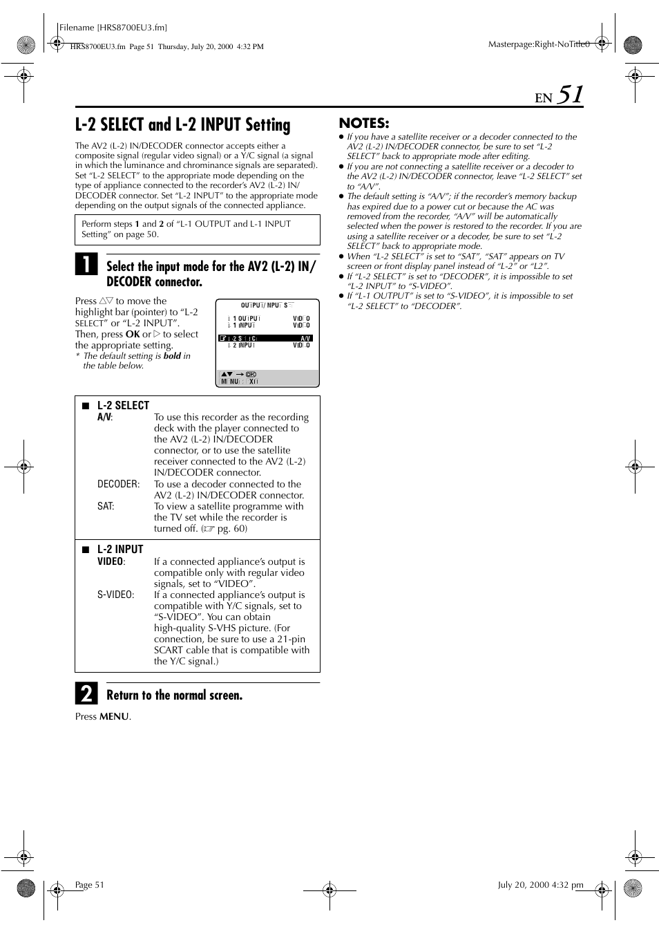 L-2 select and l-2 input setting, Return to the normal screen | JVC HR-S8700EU User Manual | Page 51 / 84