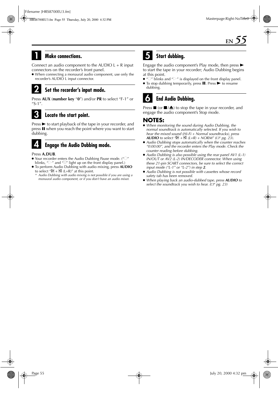 Make connections, Set the recorder’s input mode, Locate the start point | Engage the audio dubbing mode, Start dubbing, End audio dubbing | JVC HR-S8700EU User Manual | Page 55 / 84