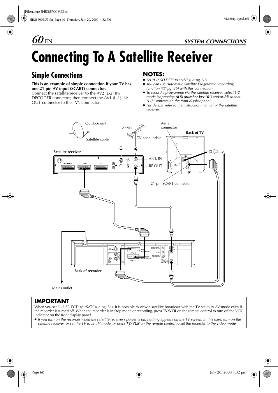 Connecting to a satellite receiver, Simple connections, System connections | Important | JVC HR-S8700EU User Manual | Page 60 / 84