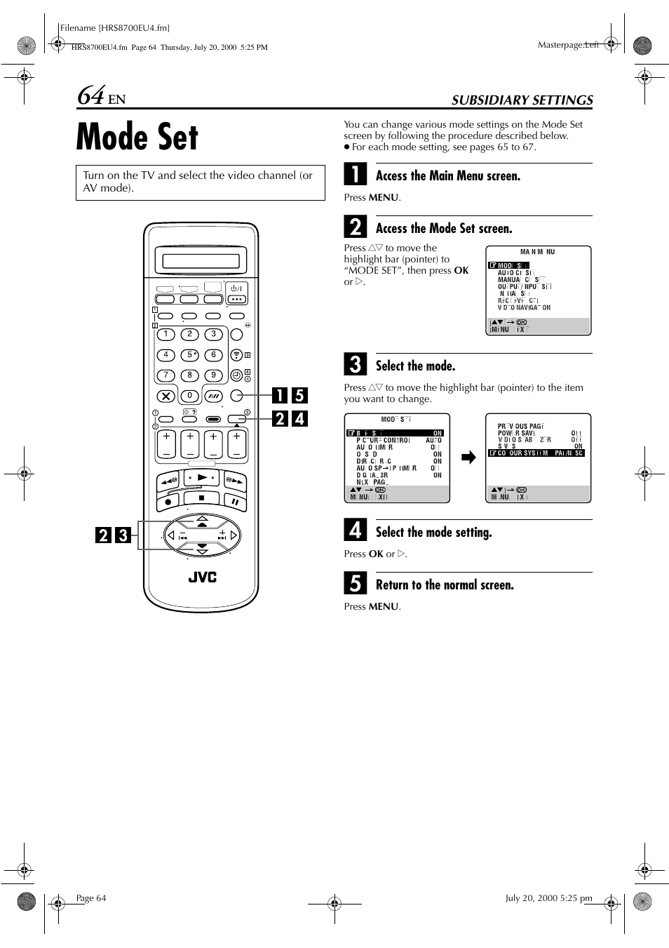 Mode set | JVC HR-S8700EU User Manual | Page 64 / 84
