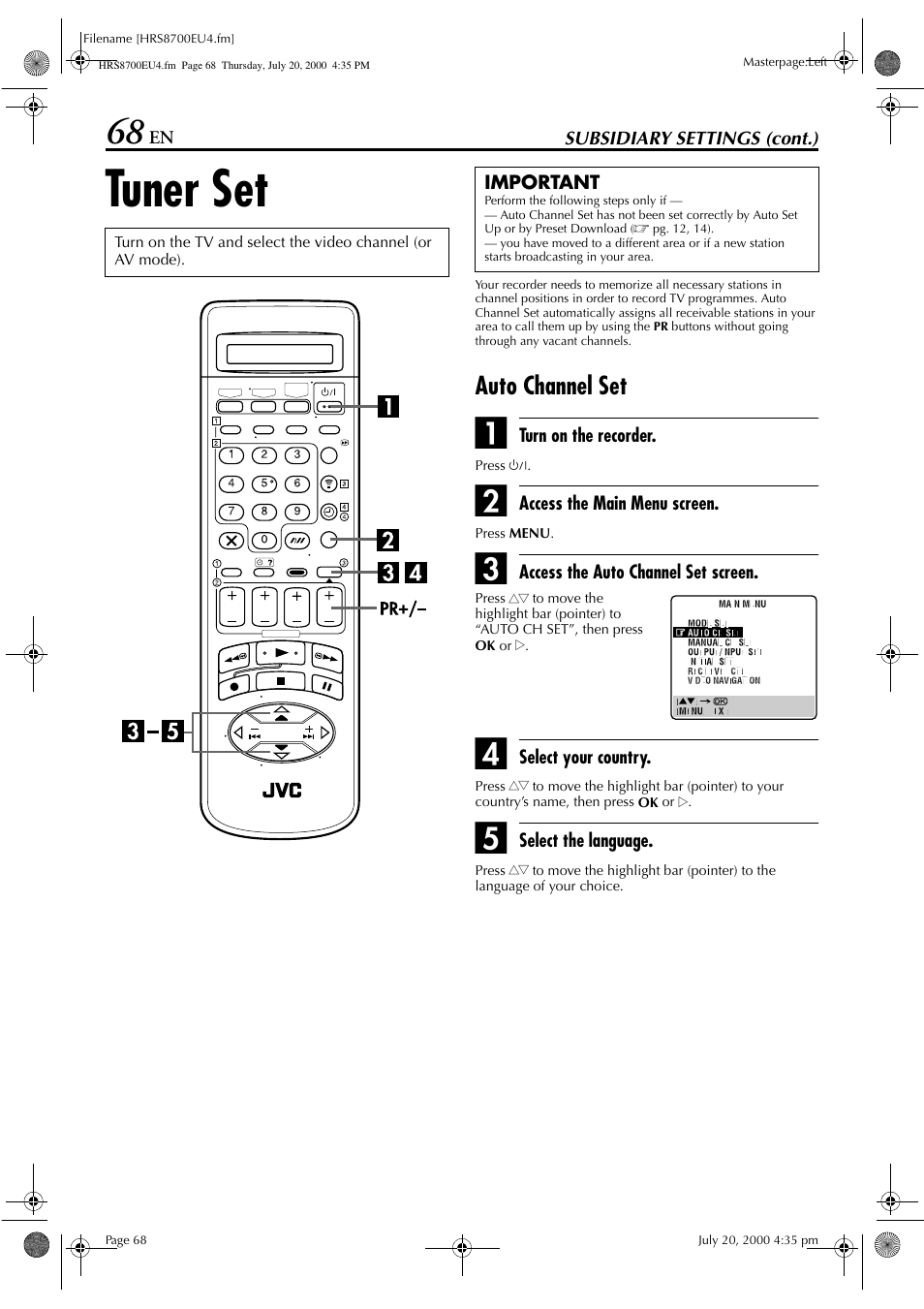 Tuner set, Auto channel set | JVC HR-S8700EU User Manual | Page 68 / 84