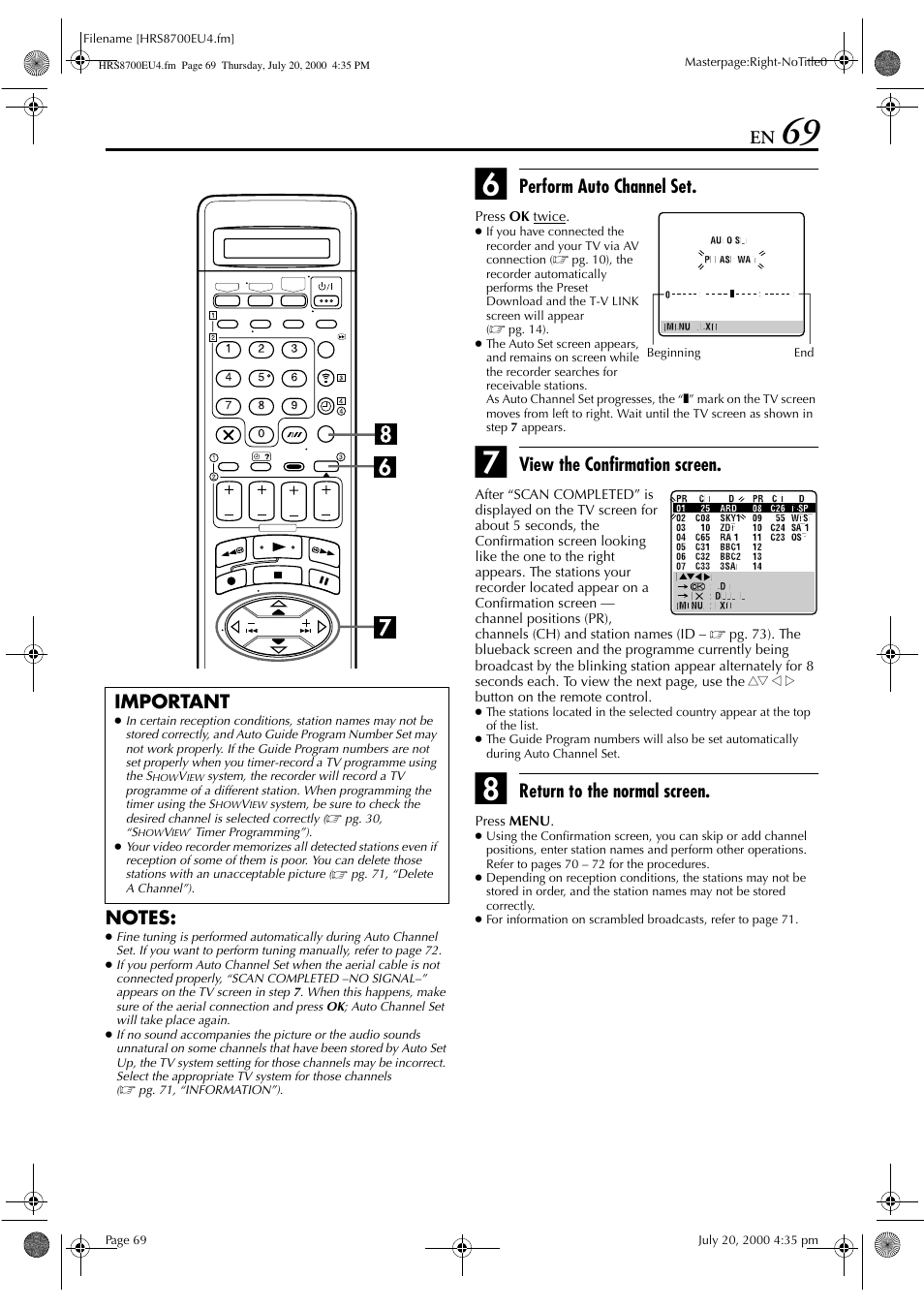 Perform auto channel set, View the confirmation screen, Return to the normal screen | Important | JVC HR-S8700EU User Manual | Page 69 / 84