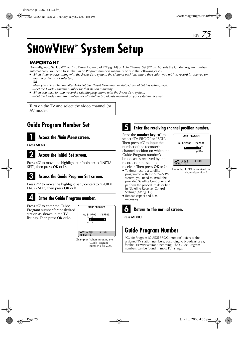 System setup, Guide program number set, Guide program number | JVC HR-S8700EU User Manual | Page 75 / 84