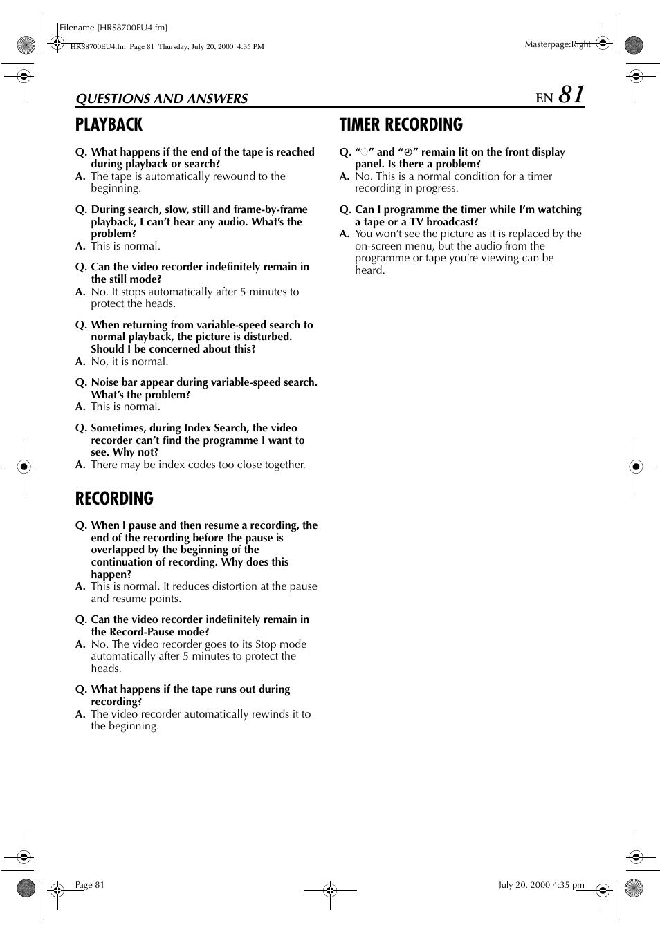 Playback, Recording, Timer recording | JVC HR-S8700EU User Manual | Page 81 / 84