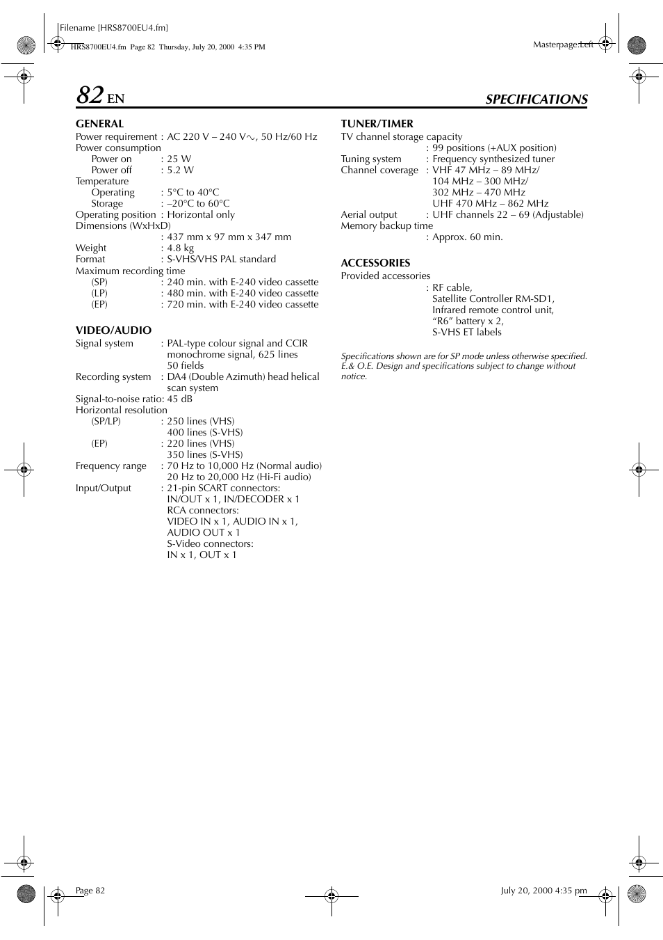 Specifications | JVC HR-S8700EU User Manual | Page 82 / 84
