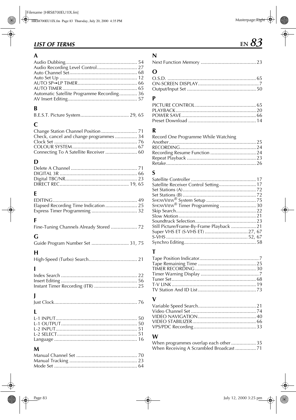 List of terms a | JVC HR-S8700EU User Manual | Page 83 / 84