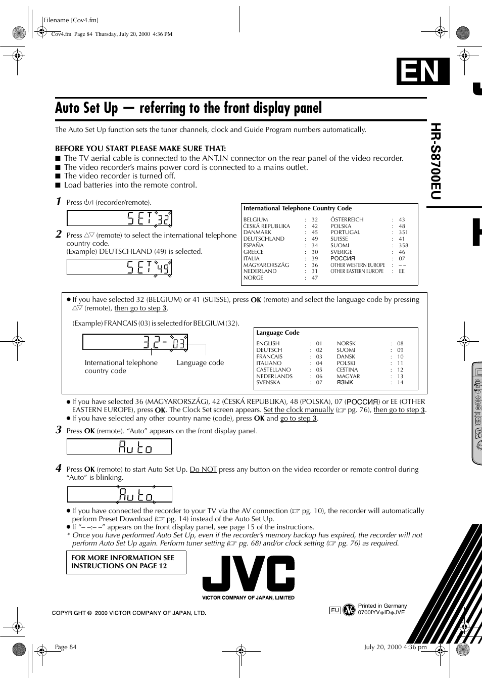 Auto set up — referring to the front display panel | JVC HR-S8700EU User Manual | Page 84 / 84