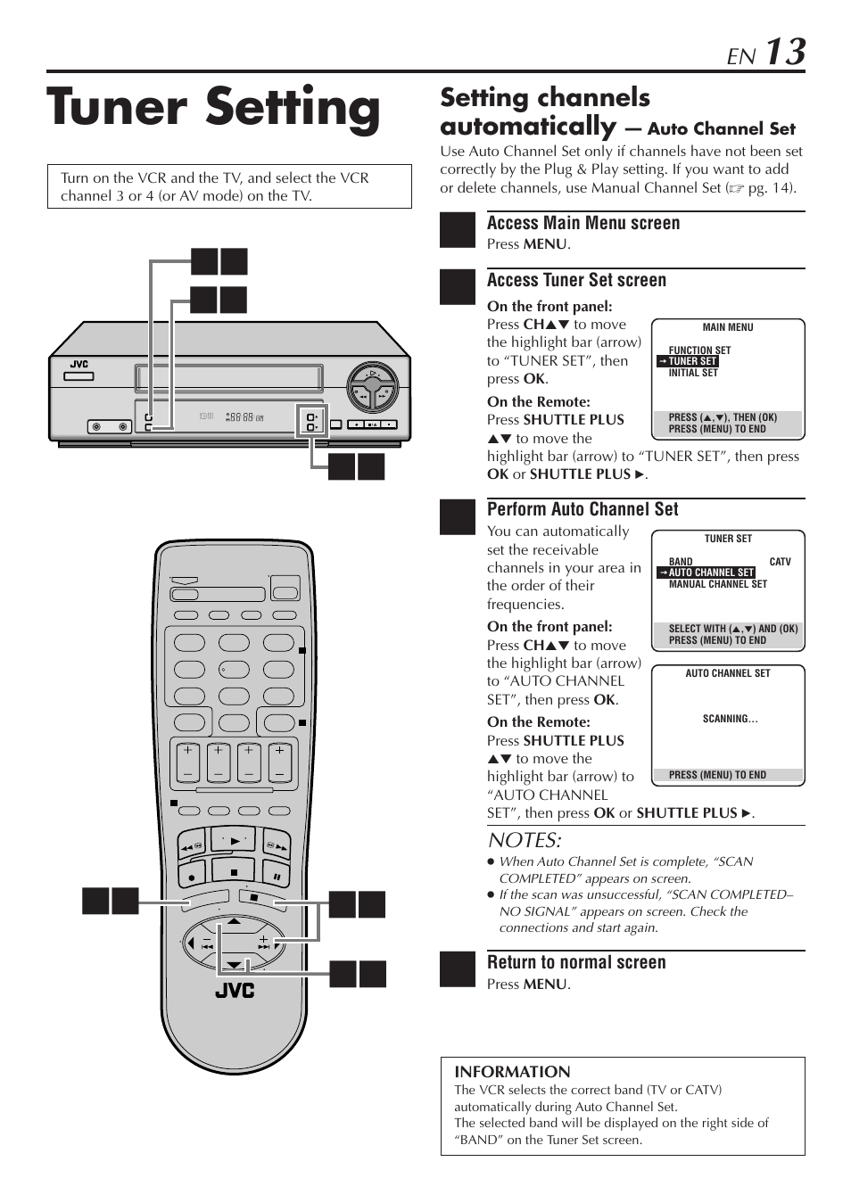 Tuner setting, Setting channels automatically | JVC HR-A47U User Manual | Page 13 / 44