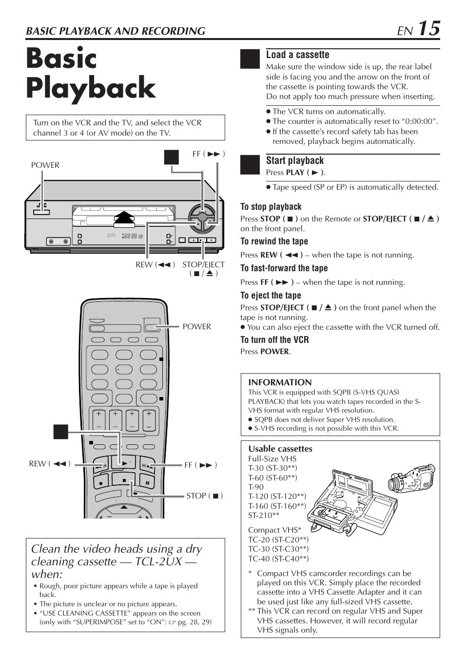 Basic playback, Basic playback and recording | JVC HR-A47U User Manual | Page 15 / 44