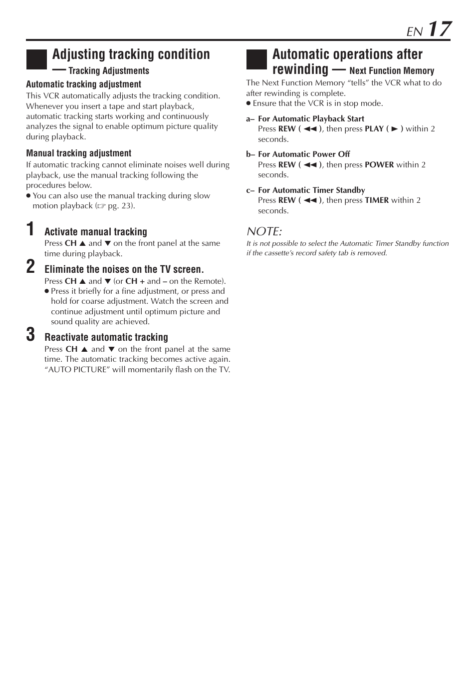 Adjusting tracking condition, Automatic operations after rewinding | JVC HR-A47U User Manual | Page 17 / 44