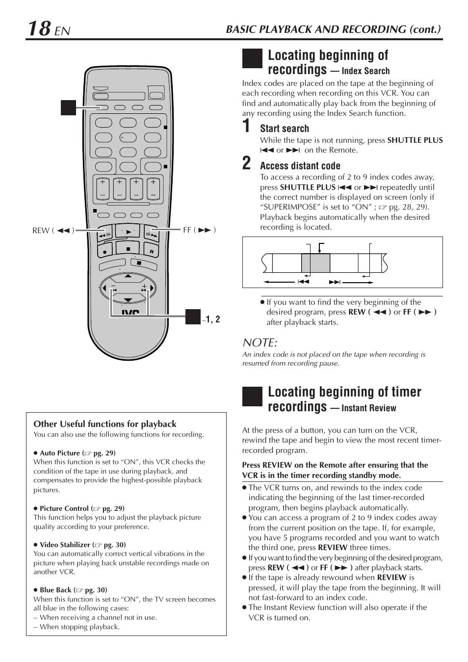 Locating beginning of recordings, Locating beginning of timer recordings, Basic playback and recording (cont.) | JVC HR-A47U User Manual | Page 18 / 44