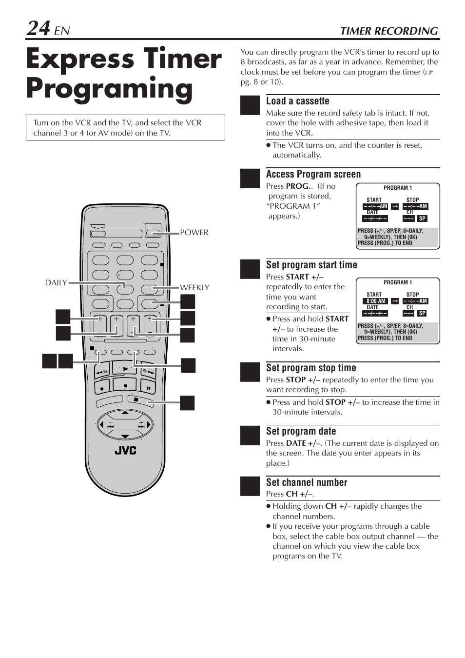 Express timer programing | JVC HR-A47U User Manual | Page 24 / 44