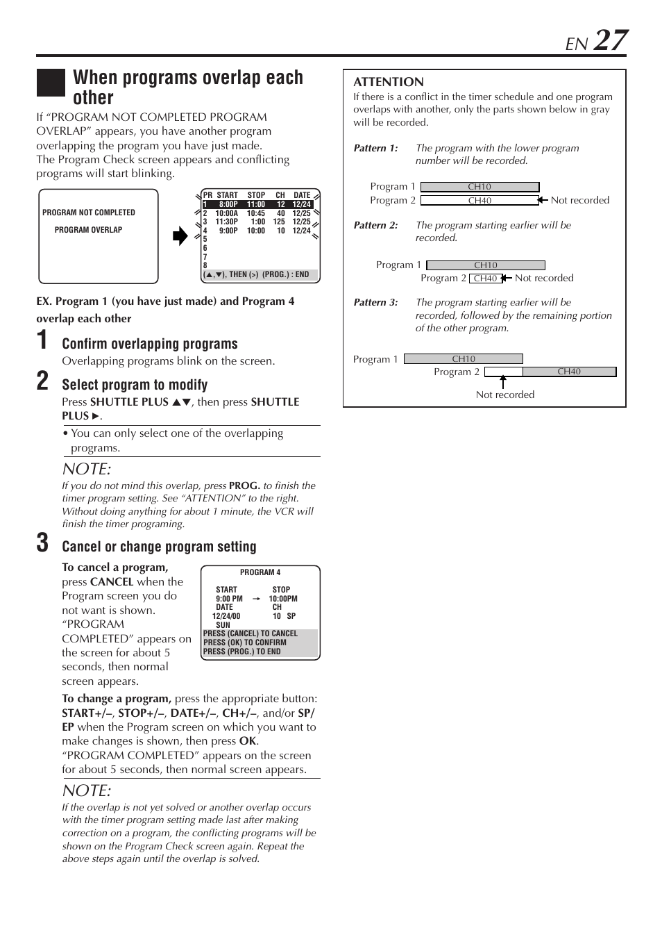 When programs overlap each other, Confirm overlapping programs, Select program to modify | Cancel or change program setting | JVC HR-A47U User Manual | Page 27 / 44