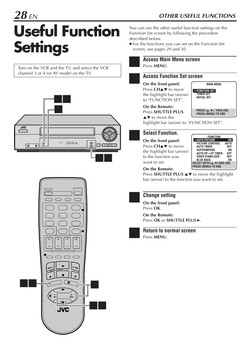 Useful function settings, Other useful functions | JVC HR-A47U User Manual | Page 28 / 44