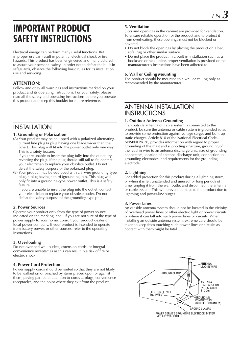 Important product safety instructions, Installation, Antenna installation instructions | JVC HR-A47U User Manual | Page 3 / 44