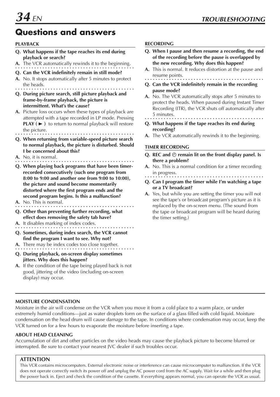 Questions and answers, Troubleshooting | JVC HR-A47U User Manual | Page 34 / 44