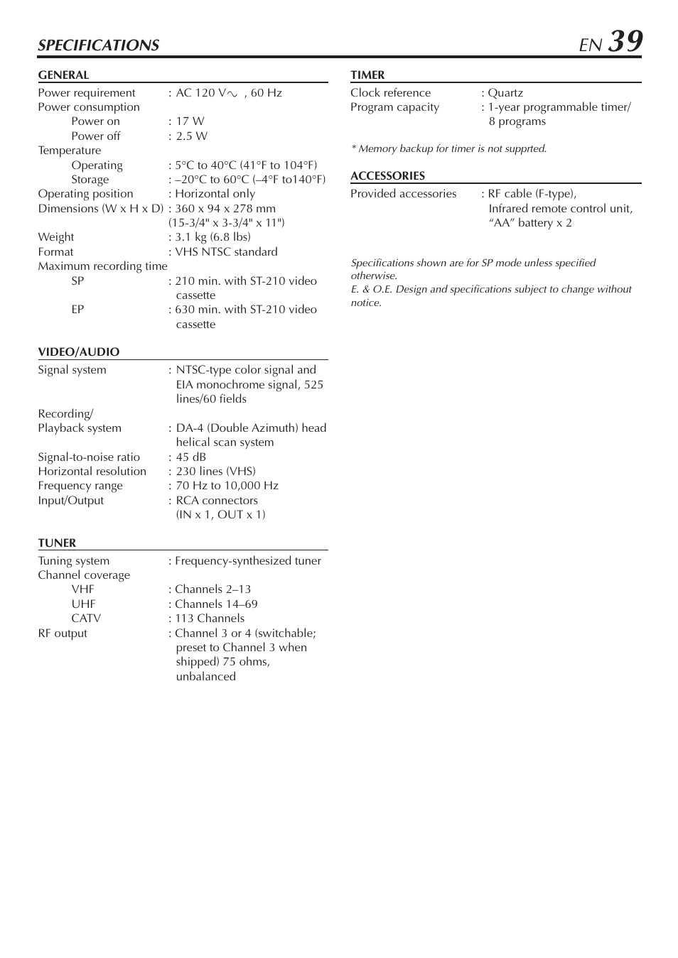 Specifications | JVC HR-A47U User Manual | Page 39 / 44