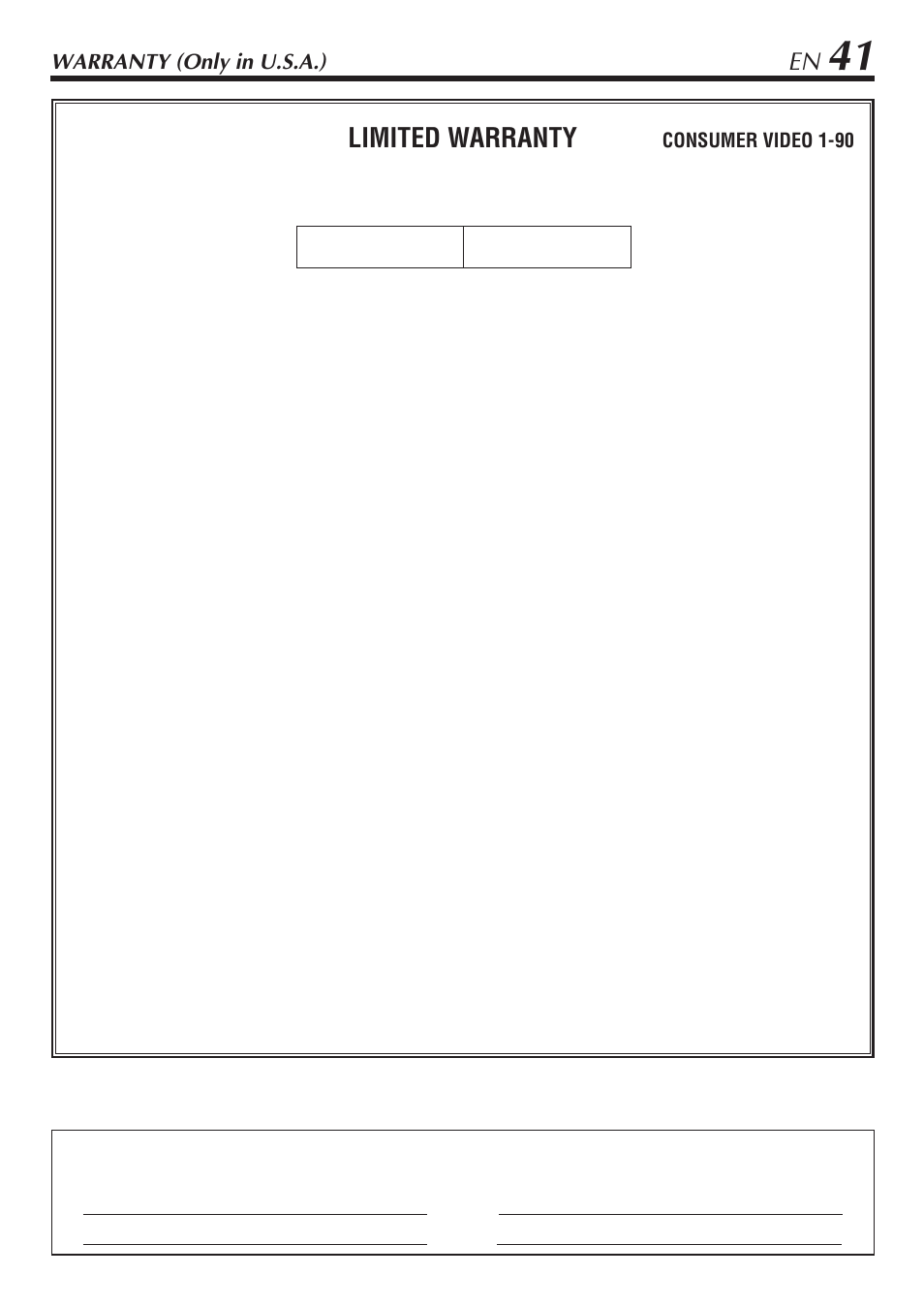 Limited warranty, Warranty (only in u.s.a.), Consumer video 1-90 | JVC HR-A47U User Manual | Page 41 / 44