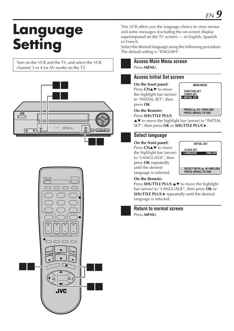 Language setting | JVC HR-A47U User Manual | Page 9 / 44