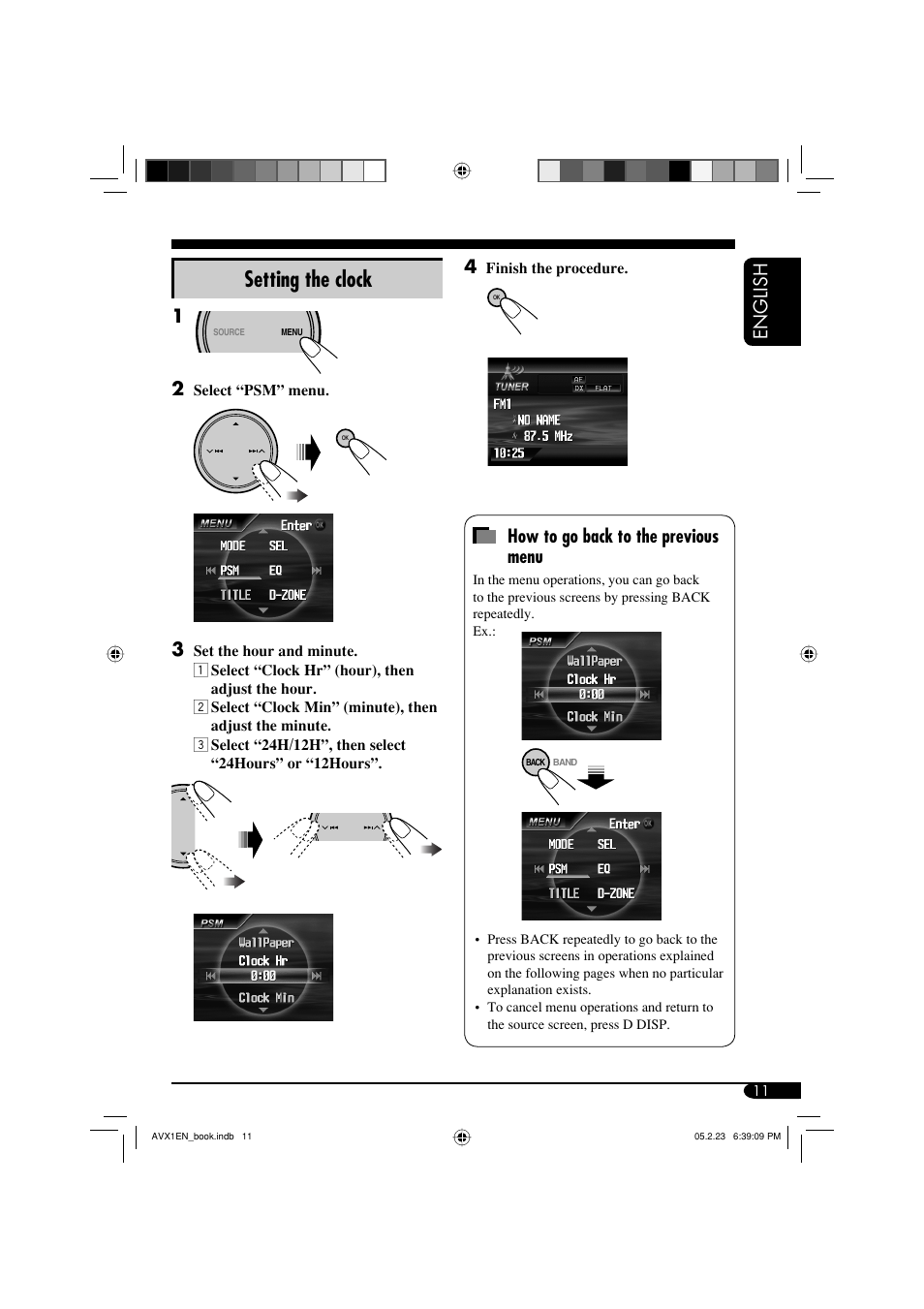 Setting the clock, English, How to go back to the previous menu | JVC KD-AVX1 User Manual | Page 11 / 78