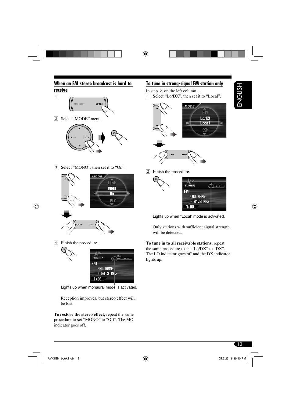 English, When an fm stereo broadcast is hard to receive | JVC KD-AVX1 User Manual | Page 13 / 78