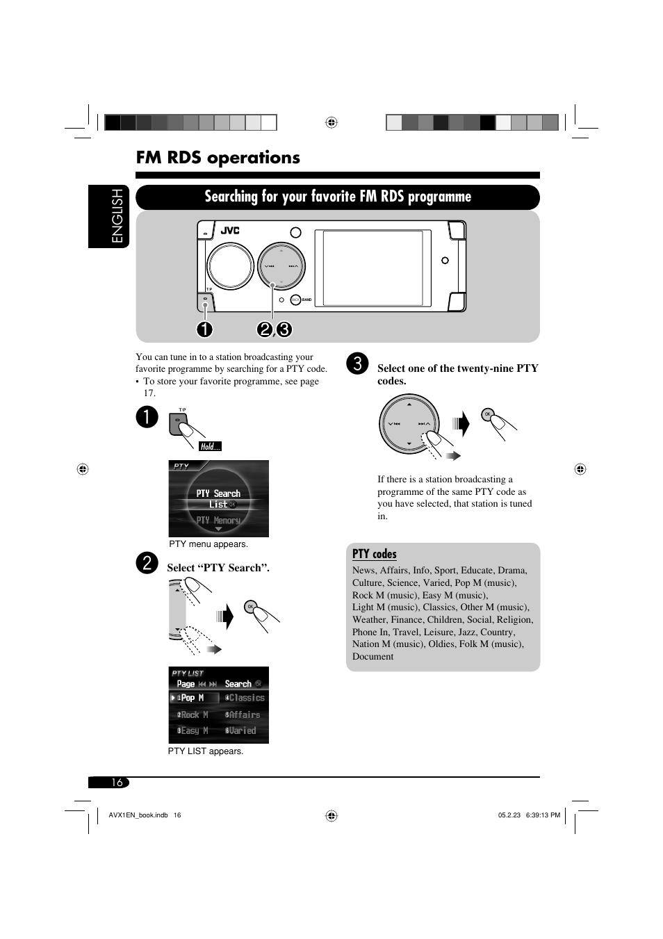 Fm rds operations, Searching for your favorite fm rds programme, English | JVC KD-AVX1 User Manual | Page 16 / 78