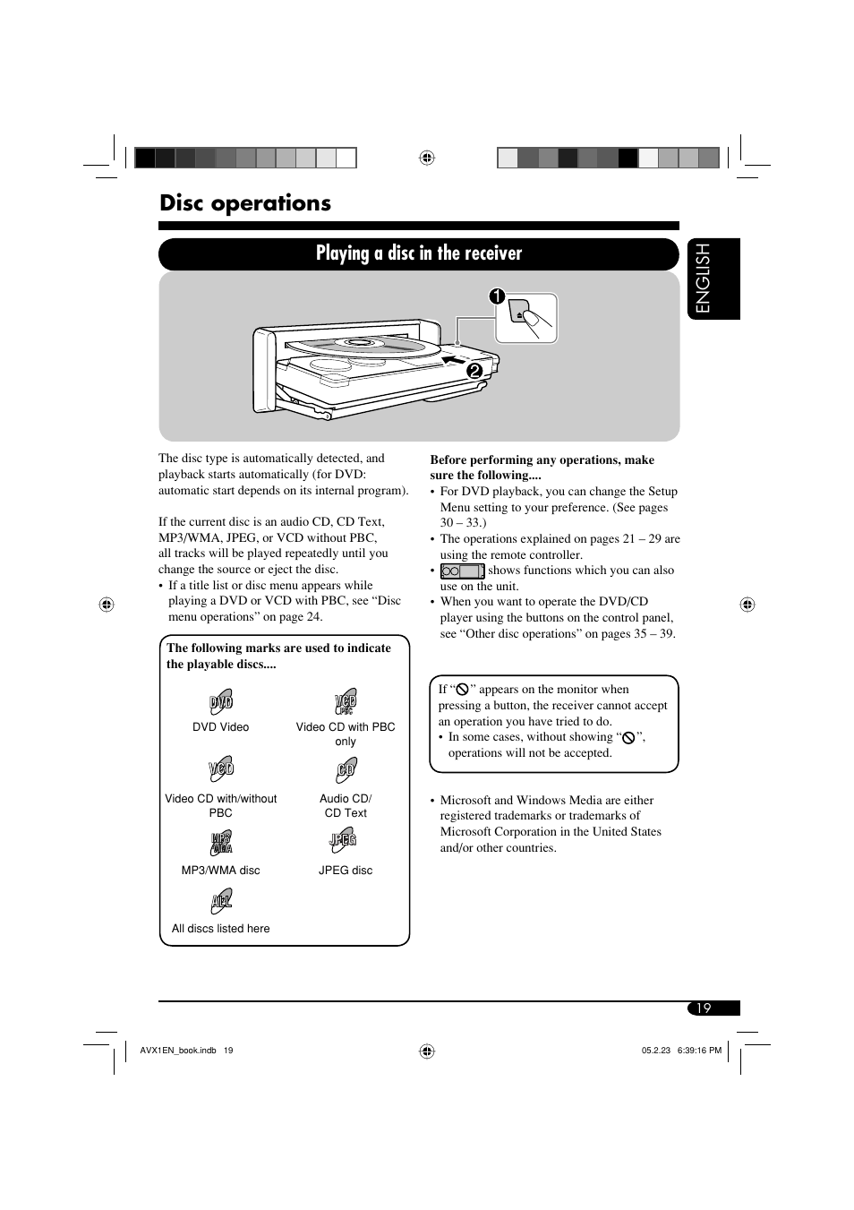 Disc operations, Playing a disc in the receiver, English | JVC KD-AVX1 User Manual | Page 19 / 78