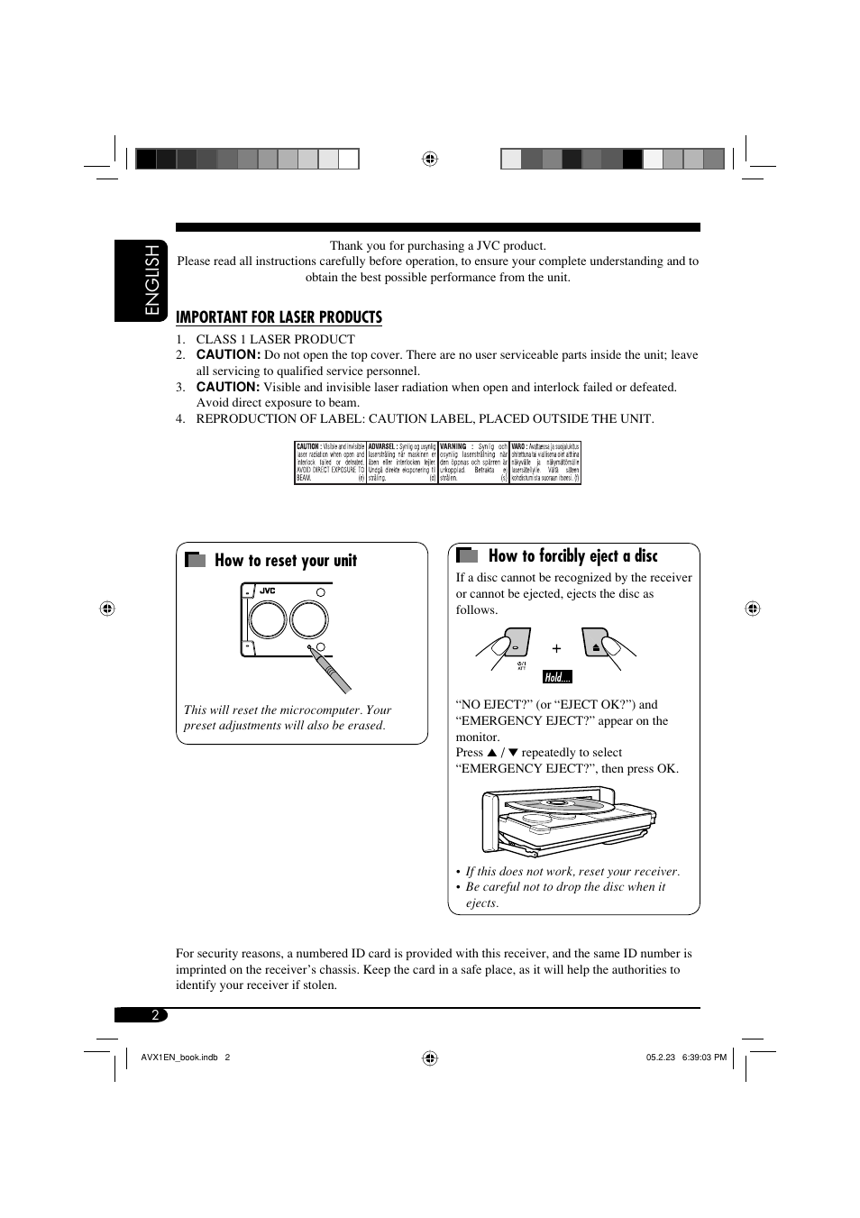 Important for laser products, English how to forcibly eject a disc, How to reset your unit | JVC KD-AVX1 User Manual | Page 2 / 78